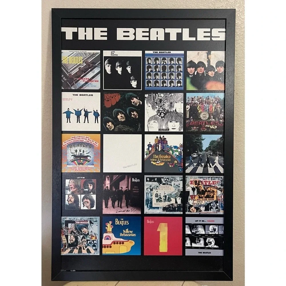 The Beatles Album‎ Cover Collage Framed Art 34x24 Glazed Wall Decor Black Frame